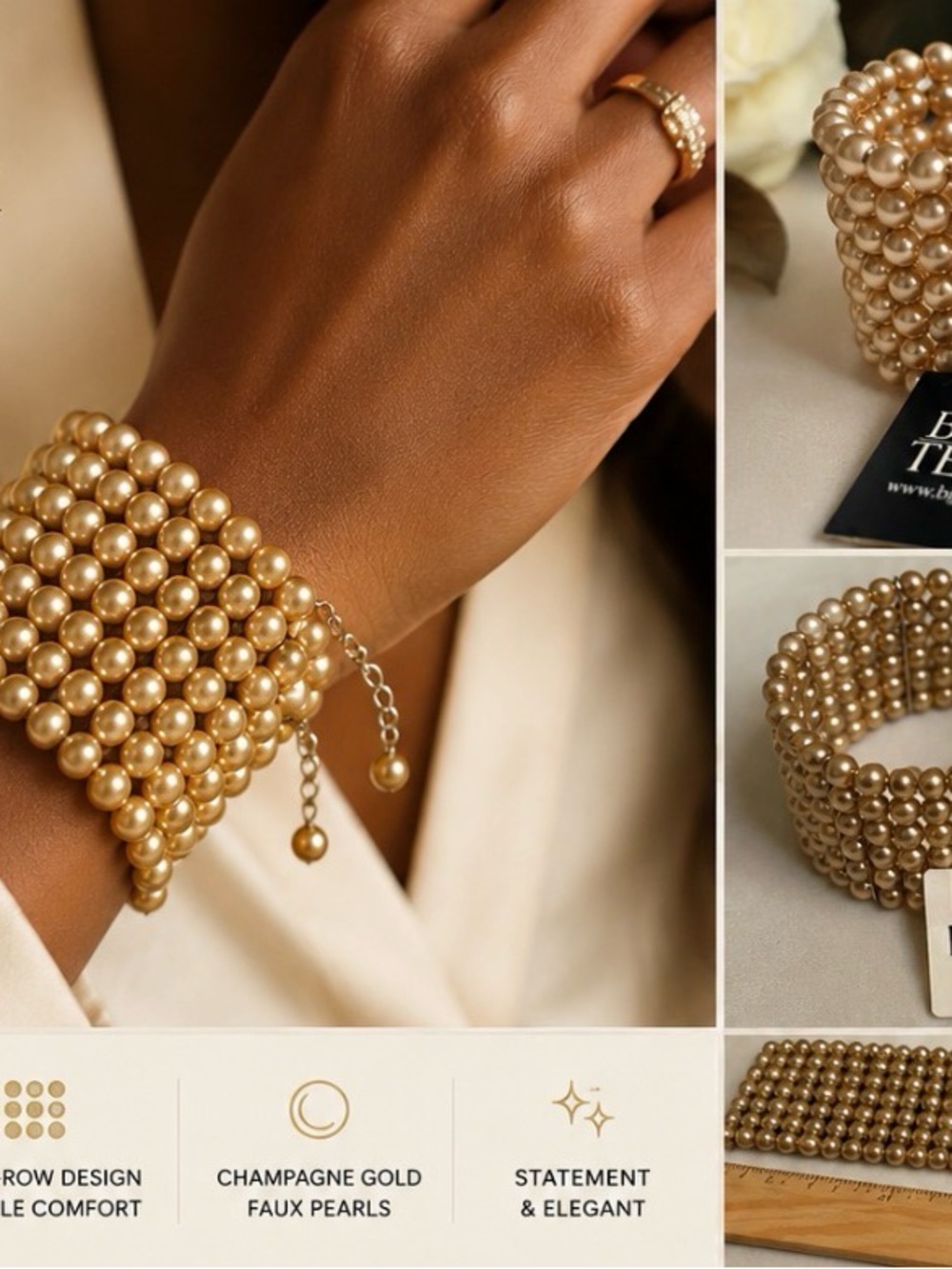 NWT Bijoux Terner Champagne Gold Multi-Strand Faux Pearl Stretch Cuff Bracelet